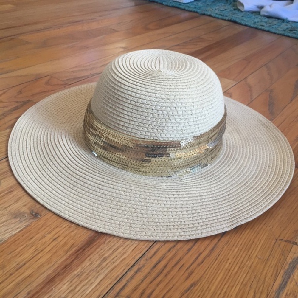bebe Beige Sun Hat with Gold Sequin Band